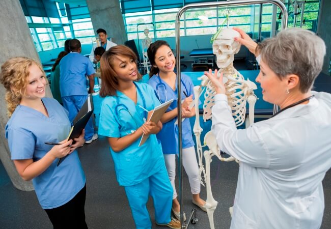 Professor teaches in interprofessional students in a clinic setting